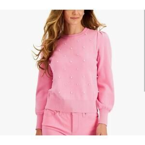 Charter Club Classic‎ Barbie Pink Sweater Pearl Detail Puff Sleeve Preppy Medium